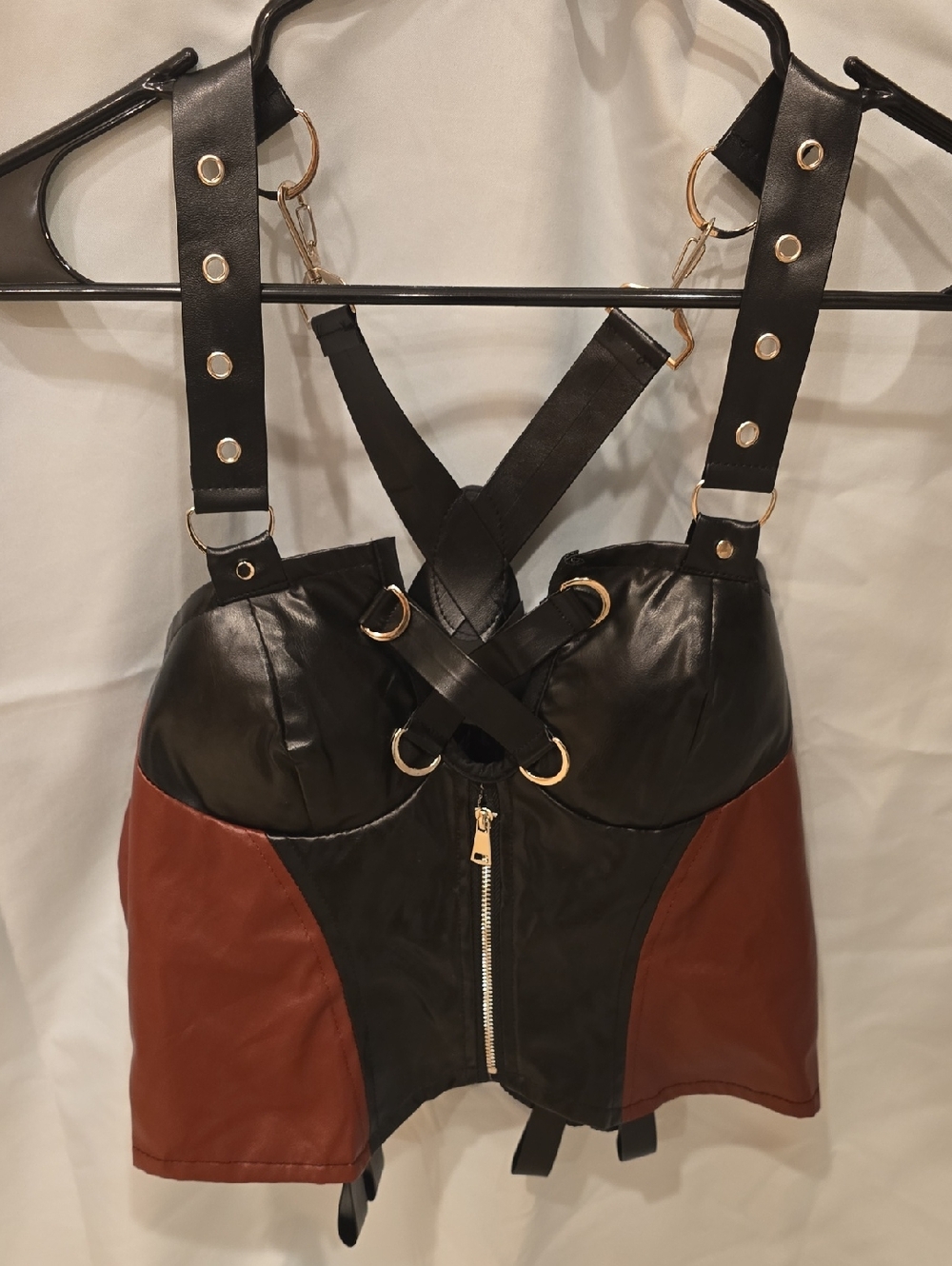 Black and Brown Faux Leather Harness Bustier Top
